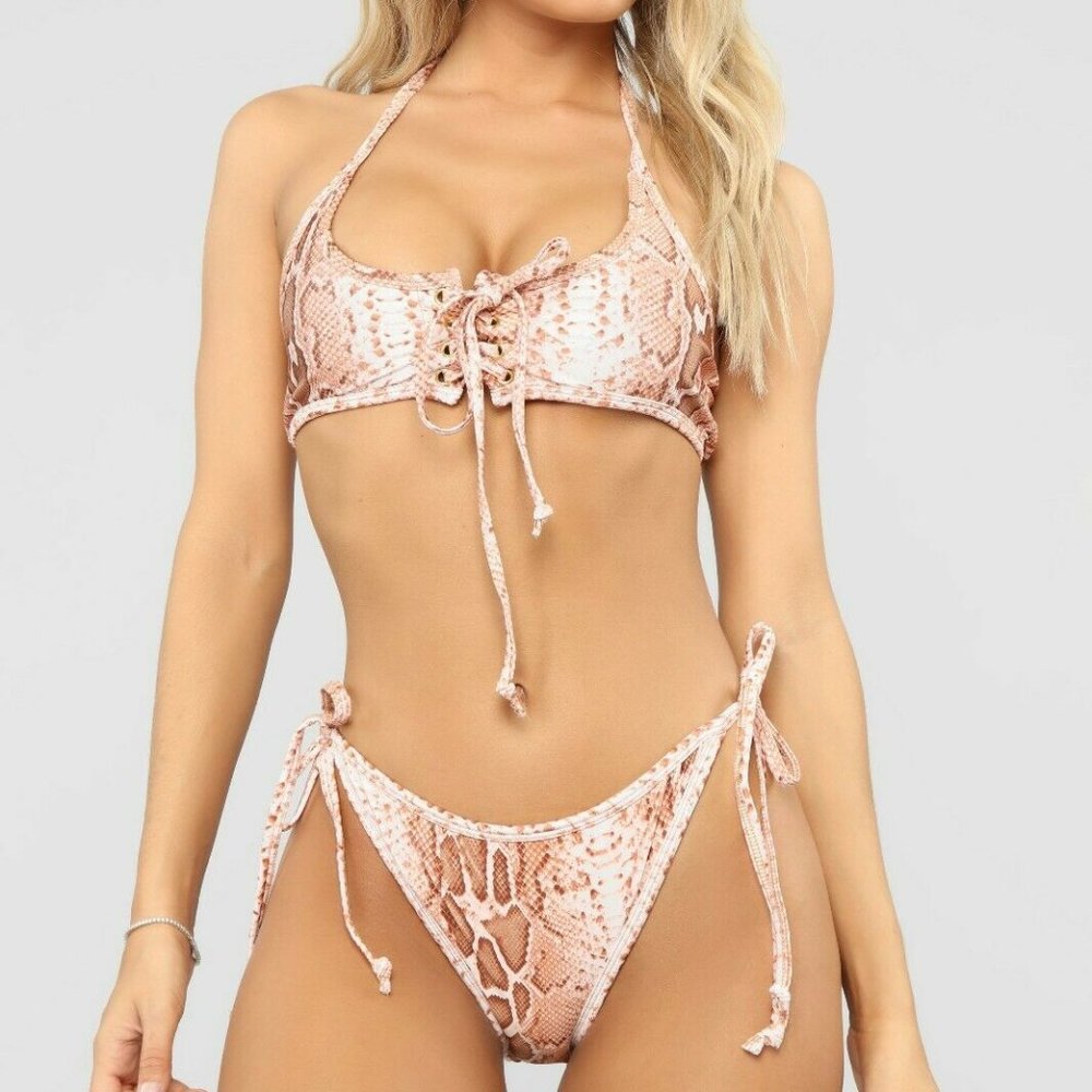 Fashion Nova tan snakeskin 2 piece lace up bikini